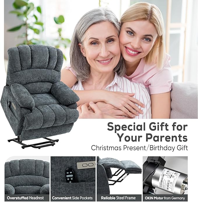 Power Lift Chair with Massage Lumbar Heating, Large Recliner Chair for Adult, 23" Wide Seat Big and Tall Recliner Sofa with Remote Control, Standing Assistance, Cup Holders, Blue Grey