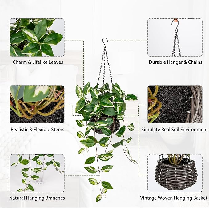 Oairse Artificial Hanging Plants Fake Hanging Plants with Pots Faux Golden Pothos N‘ Joy Potted Plant Wall Plant with Basket Pot for Wall Shelves Bedroom Bathroom Indoor Outdoor