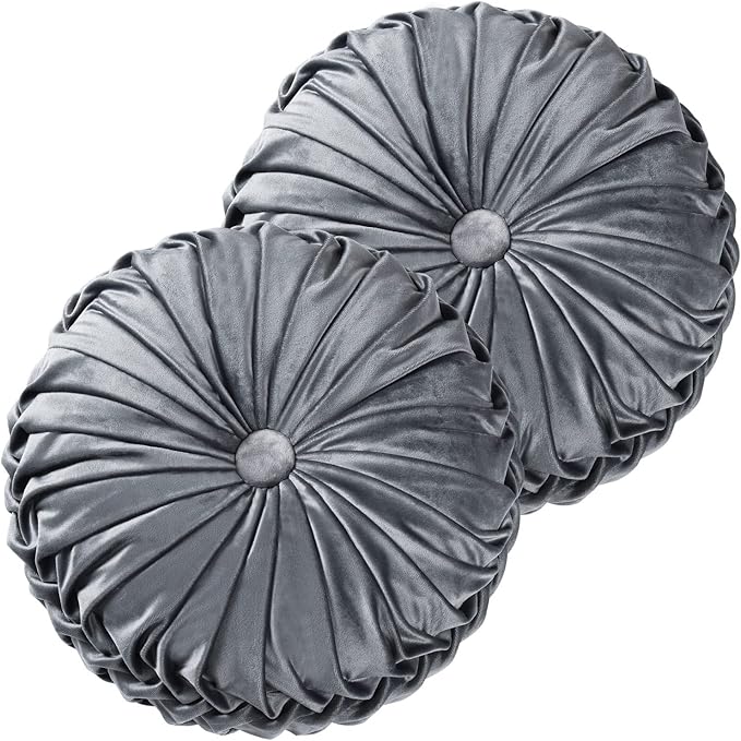 HIG Set of 2 Decorative Round Pleated Throw Pillows, Classy Accent Pumpkin Throw Pillows with Center Button, Vintage Velvet Floor Pillows for Sofa Vanity Chair Bed, Dark Gray, 14.5" Diameter(Ripple)