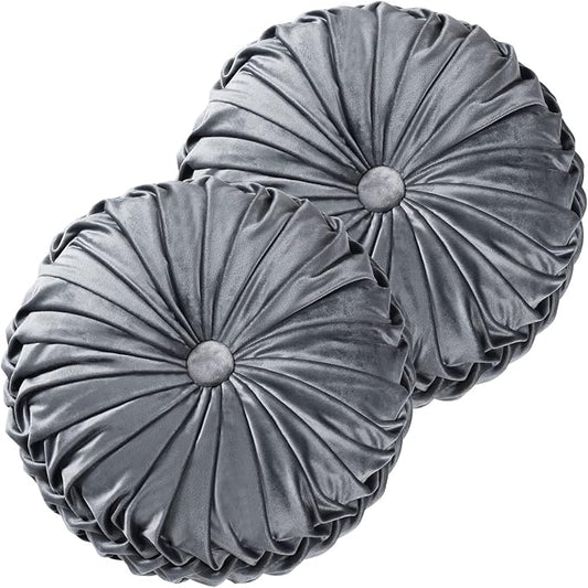 HIG Set of 2 Decorative Round Pleated Throw Pillows, Classy Accent Pumpkin Throw Pillows with Center Button, Vintage Velvet Floor Pillows for Sofa Vanity Chair Bed, Dark Gray, 14.5" Diameter(Ripple)