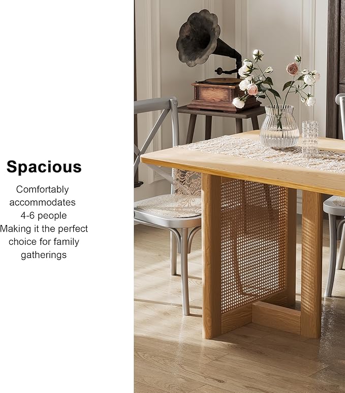 Casaphoria 67" Dining Table, Wicker Base Modern Kitchen Table for 4-6, Farmhouse Style with Rectangular Top & Wicker Base, Easy Assembly for Living Room, Kitchen, Natural Wood