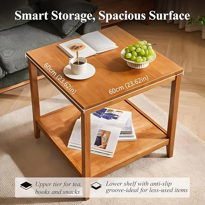 Side Table, Solid Wood Square End Table with Storage Shelf, 2-Tier Coffee Table for Living Room, Rubber Wood Small Sofa Table, Nightstand 23.62 H x 23.62 W x 23.62 D Inches (Natural)