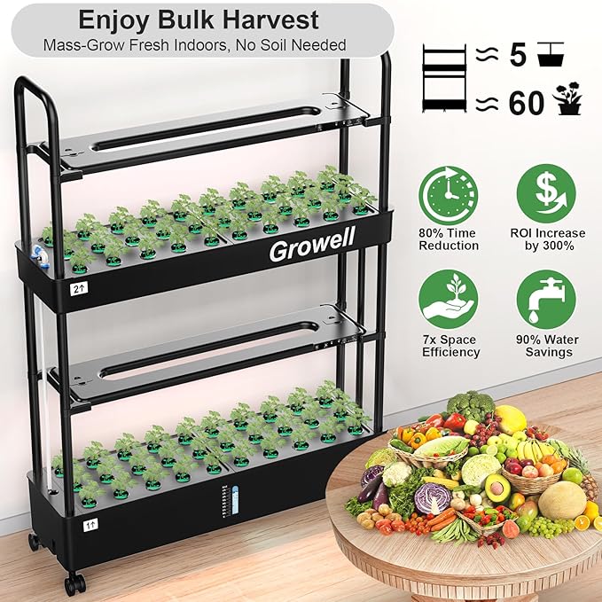 Large Hydroponics Growing System Kit, 60 Pods Vertical Hydroponic Garden with 2 Light Modes Grow Light, Auto Circulating Water System, 32L Indoor Gardening System for Herb Vegetable Fruit