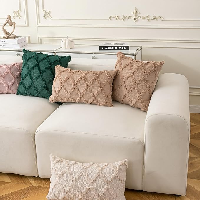 Set of 2 Soft Moroccan Throw Pillow Covers 12x20 Inch Plush Boho Decorative Pillow Cover Accent Cushion Case for Couch Sofa Bed, Light Brown