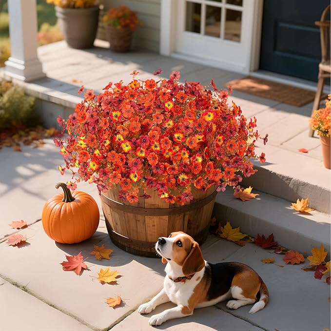 Fall Mums Artificial Flowers for Outdoors Potted, Fake Fall Daisy Flower with Realistic Eucalyptus Leaves, Fake Plants for Greenery Boxwood Porch Patio Garden Pot Courtyard Lawn, 12 Bundles