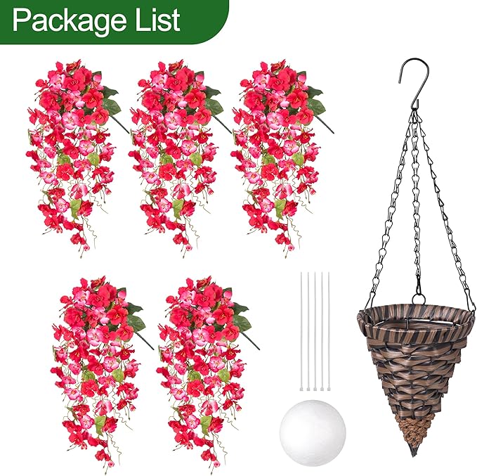 Artificial Fake Hanging Hibiscus Flower Baskets for Outdoor Decoration, Faux Silk Hibiscus Long Vines in Planter UV Resistant Realistic Flowers for Outside Porch Patio Home Decor, RedPink