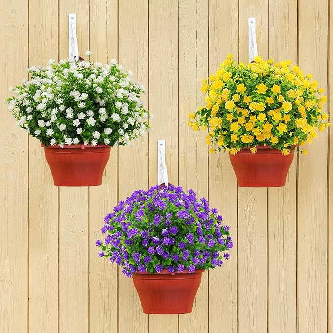 GREENRAIN Artificial Flowers Outdoor Fake Flowers for Decoration UV Resistant No Fade Faux Plastic Plants Garden Porch Window Box Décor (18 Bundles, 3#Purple)