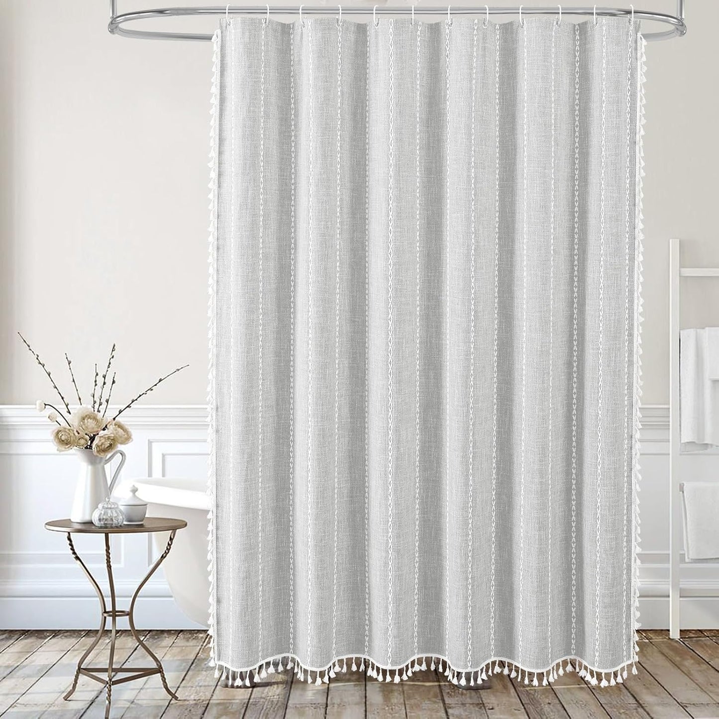 MitoVilla Boho Farmhouse Shower Curtains for Modern Farmhouse Bathroom Decor, Grey Country Thick Polyester Linen Fabric Shower Curtain, Rustic Tassel Cloth Shower Curtain, 72 x 72, Light Grey