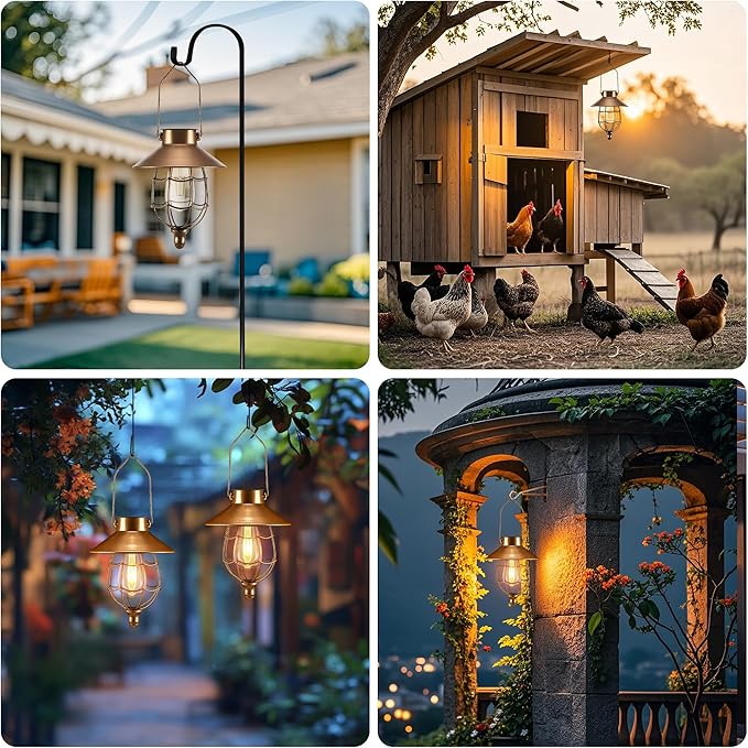 Solar Lanterns Outdoor Hanging Metal Vintage Lantern Warm White Solar Lights lamp Waterproof Edison Bulb Design for Pathway Garden Patio Yard Tree Decoration (2 Pack Copper)