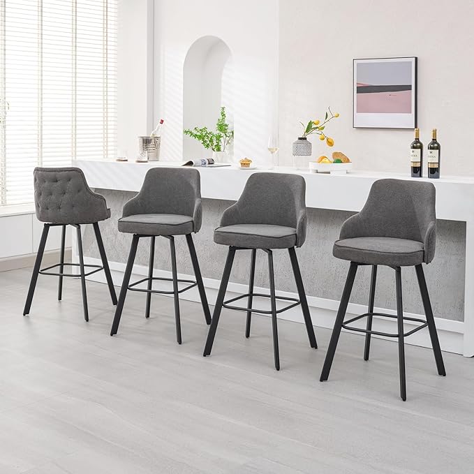 Bar Stools Set of 4, 30" Swivel Bar Height Bar Stool with High Back, Linen Kitchen Barstools Bar Height for Kitchen Island (Dark Grey, 4PCS 30" Bar Stools)