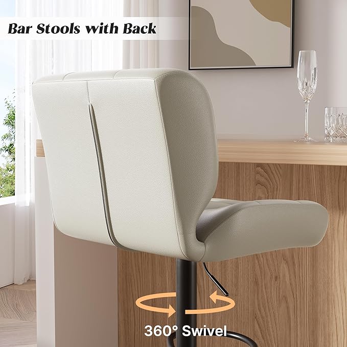Modern Bar Stools, Faux Leather Upholstered Swivel Bar Stools, Adjustable Counter Height Bar Chairs with High Back and Footrest for Kitchen Island (Khaki)