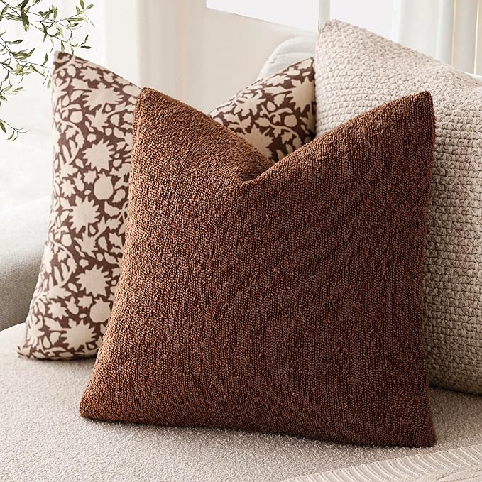 Foindtower Pack of 2 Textured Boucle Throw Pillow Covers Accent Solid Pillow Cases Cozy Soft Decorative Couch Cushion Case for Chair Sofa Bedroom Living Room Home Decor 18x18 Inch Red Taupe