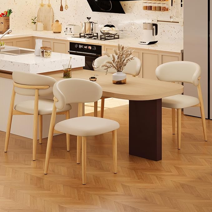 Kitchen Dining Chairs Set of 4 Modern Upholstered Leather Farmhouse Dining Room Chair with Metal Legs, Khaki