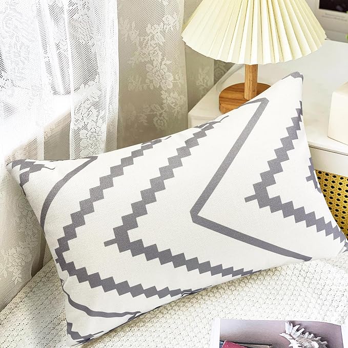 Decorative Throw Pillow Covers Set of 4 Grey Geometric 12x20 Inch Linen Pillow Cases, Farmhouse Outdoor Geometric Pillow Covers for Couch Sofa Living Room