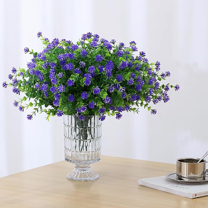 SITUMEIZI 8 Bundles Purple Artificial Flowers Outdoor Fake Flower Plastic UV Resistant Shrubs Greenery Plants Hanging Decorations Garden Porch Window Box Farmhouse Outside Summer Indoor Decor