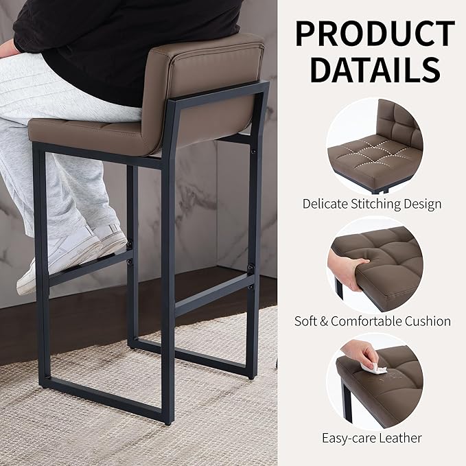 Bar Height Stools Set of 4, Upholstered Barstools with Back and Thickened Metal Frame, Modern 30-inch Tall Bar Chairs for Kitchen Island, Bar, Counter (Coffee Brown, 4Pcs 30" Bar Stools)
