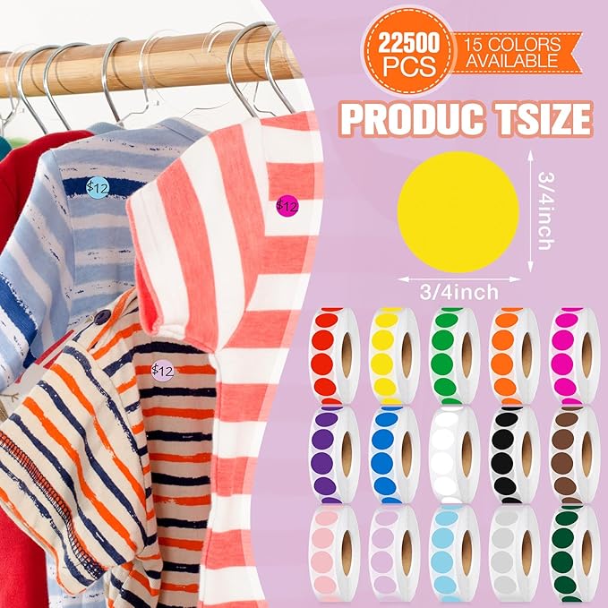 22500 Pcs 3/4 in Round Color Coding Labels Roll Adhesive Solid Colors Dot Stickers Assorted Colored Circle Dot Label for Back to School Inventory Organize File Classification, 15 Colors
