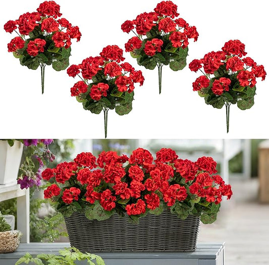 Plastic Flowers for Outdoors Home Decor Fake Plants Artificial Flowers Artificial Geraniums Outdoor Fake Flowers Silk Bouquet, Fall Decoration for Interior Porch Garden Decor(Red) 8PCS 14.4"
