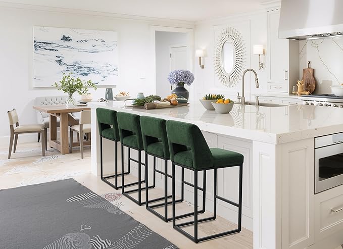 Counter Height Bar Stool for Kitchen Counter Modern Bar Chair with Back for Kitchen Island with Upholstered Fabric Seat and Metal Frame, Green, 26 Inch