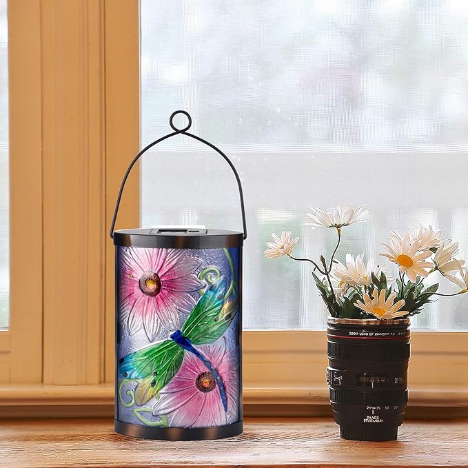 Afirst Solar Lantern Outdoor Hanging Glass Solar Dragonfly Lights Waterproof Led Lamp for Garden Yard Tree Desk Decor