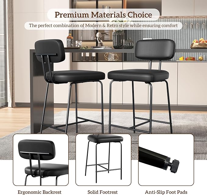 Counter Height Bar Stools Set of 2, 26" Faux Leather Kitchen Counter Stools with Backs, Metal Legs, Footrest, Bar Chairs for Kitchen Island, Black
