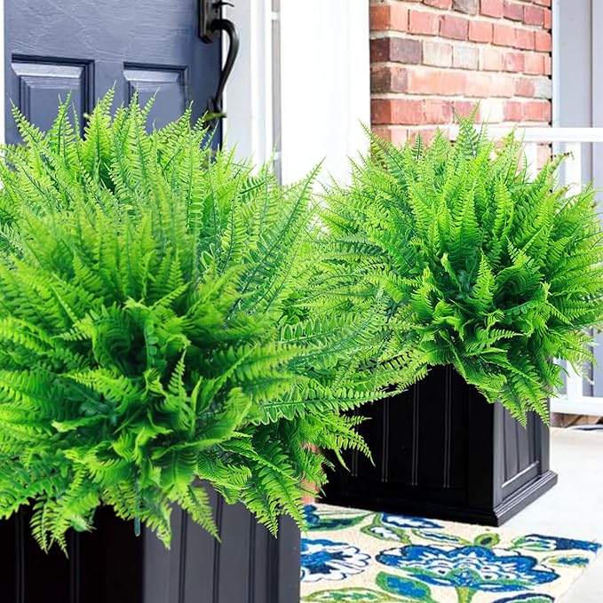 summer flower 10pack Fake Fern Plants Faux Boston Ferns UV Resistant Greenery for Outdoor Front Porch Filler Garden Party Artificial Ferns Stems for Indoor Home Hanging Planter Window Box Decorations