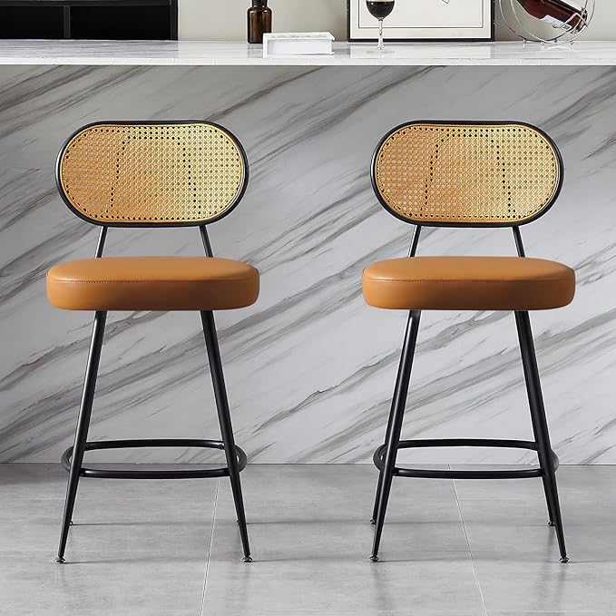 26" Rattan Barstools Set of 2, Counter Height Bar Chair with Black Metal Legs, Modern Armless PU Leather Pub Chair,Adjustable Feetpads Stools for Home Counter,Kitchen Dining Island,Cafe(WBR)