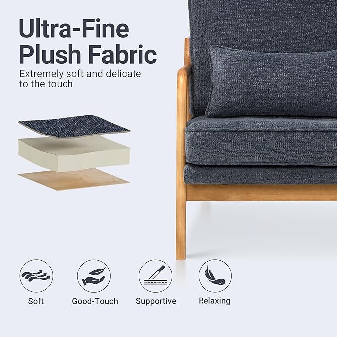 Modern Accent Chair with Lumbar Pillow, Relaxing Mid Century Chair Armchair with Solid Wood Frame & Soft Cushion, Reading Leisure Armchair for Living Room, Blue