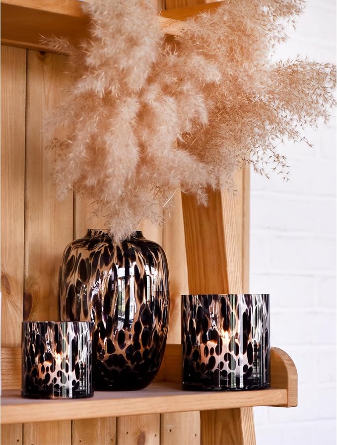 CONVIVA Decorative Glass Vase and Candle Holder Set, Fall Home Decor 3-Piece, Black Tortoise Pattern