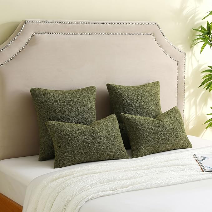 FUTEI Pack of 2 Moss Green Decorative Throw Pillow Covers 24x24 Inch Soft Cozy Solid Boucle Textured European Cushion Case,Modern Home Decor for Couch Bed Living Room