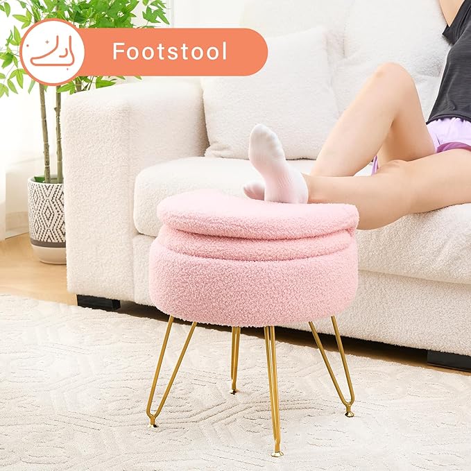Ottoman Teddy Velvet Vanity Stool Chair with Folding Back Multifunctional Upholstered Makeup Chair, 4 Metal Legs with Anti-Slip Feet for Bedroom Living Room Entryway(Pink,M)