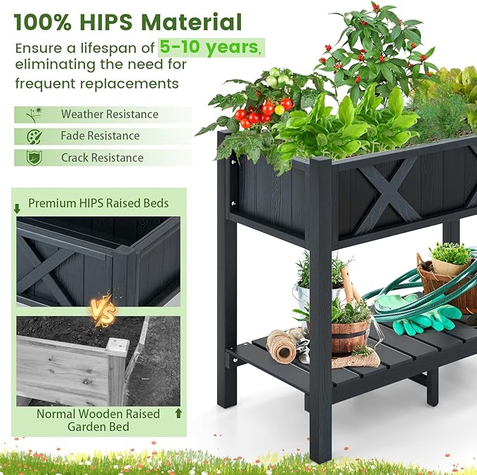 Giantex HIPS Raised Garden Bed, Elevated Planter Box w/Legs, Storage Shelf, Drainage Holes, Weather-Proof Standing Raised Beds for Backyard Balcony Flower Vegetable (Black, 34" x 18" x 29")