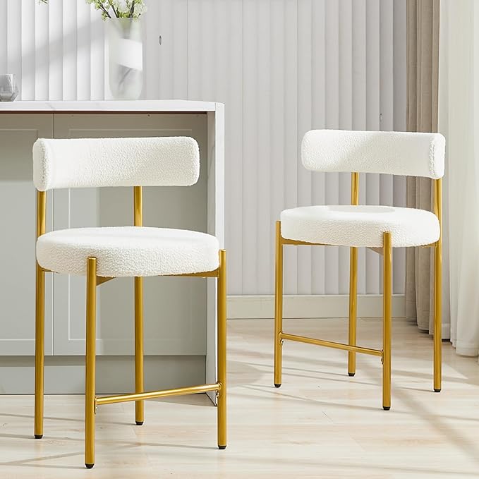 24'' Boucle Bar Stools Set of 4, White Bar Stools with Backs, Counter Height Bar Height Stools for Kitchen Island, Upholstered Bar Chairs with Gold Legs