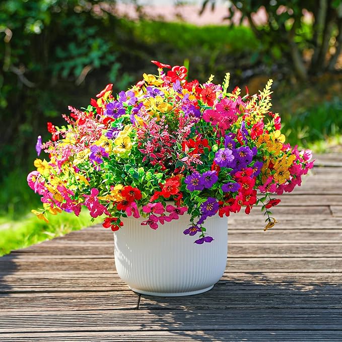 SHareconn 36 Bundles Artificial Flowers for Outdoors Decoration, Faux Plants Fake Silk Colorful Daisy Eucalyptus Lavender, UV Resistant for Outside Home Porch Patio Spring Decor, RedRosyPurpleYellow