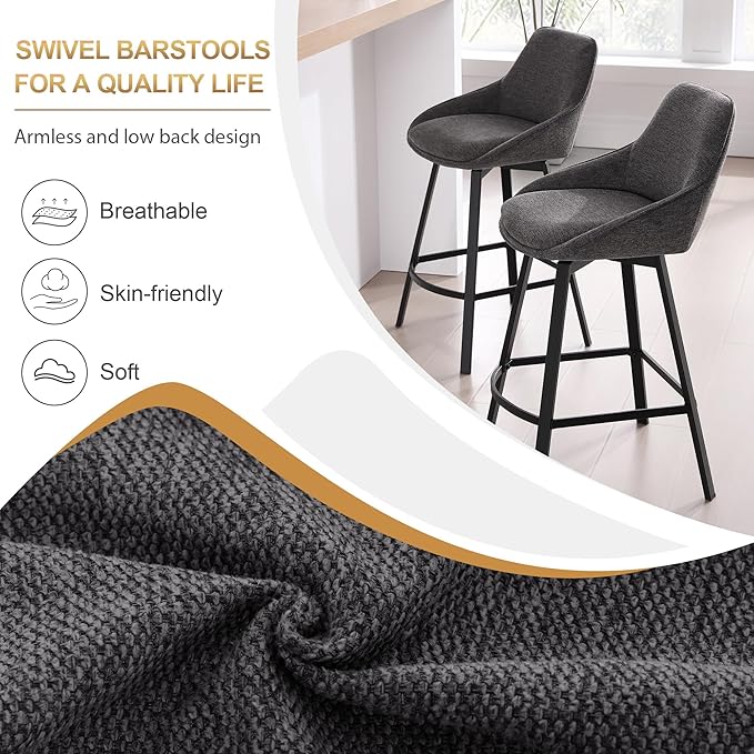 Zesthouse Swivel Bar Stools Set of 2, Modern Counter Height Barstools with Backs, 26'' Upholstered Linen Fabric High Chairs for Island Kitchen, Counter Height Chairs with Metal Legs, Dark Grey