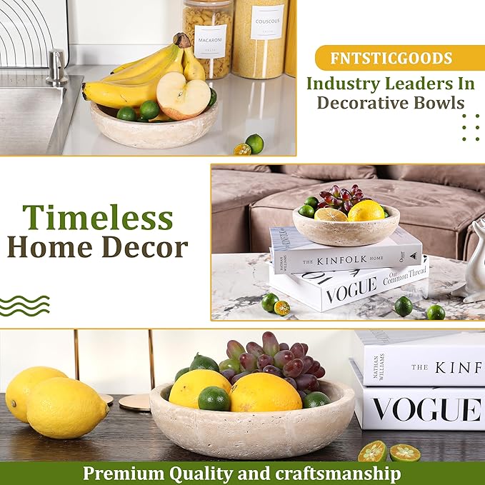 Travertine Decorative Bowl - 7.8” Diameter & 2” Height - Key Bowl for Entryway Table - Travertine - Organic Modern Centerpiece - Beige/Natural