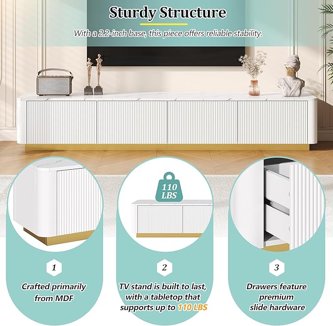 Merax Modern Fluted TV Stand Consoles for Living Room, Wood Entertainment Center with 4 Drawers & Faux Marble Tabletop, Practical Media Console for Televisions Up to 85'', White