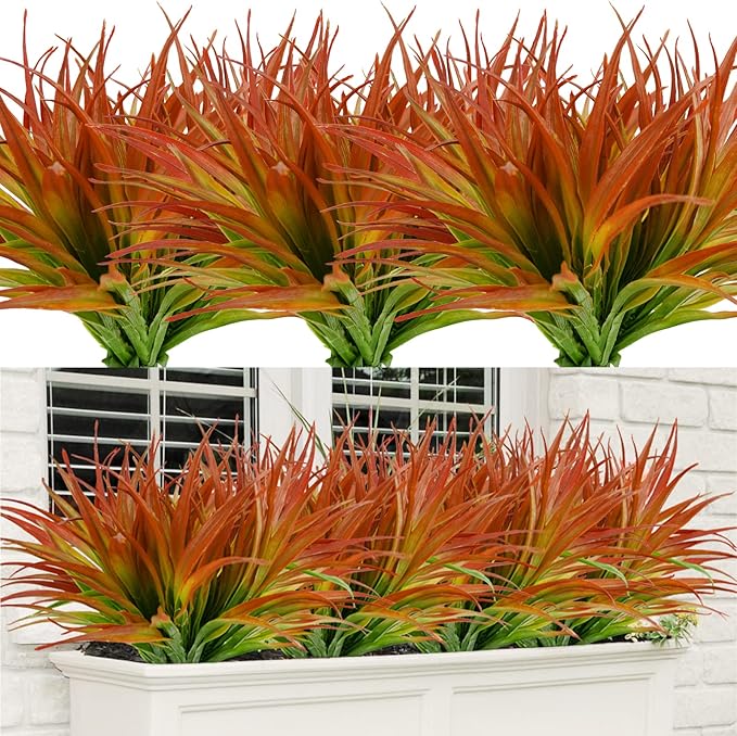 8Pcs Artificial Grass Plant Fake Outdoor Plastic Plants UV Resistant Faux Grasses Greenery Shrubs for Window Box Garden Patio Porch Home Decor Red
