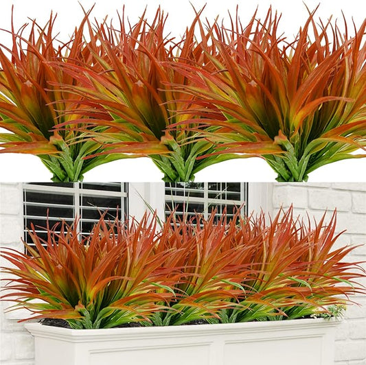 8Pcs Artificial Grass Plant Fake Outdoor Plastic Plants UV Resistant Faux Grasses Greenery Shrubs for Window Box Garden Patio Porch Home Decor Red