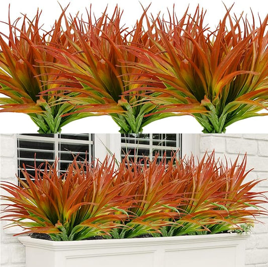 24Pcs Artificial Grass Plant Fake Outdoor Plastic Plants UV Resistant Faux Grasses Greenery Shrubs for Window Box Garden Patio Porch Home Decor Red