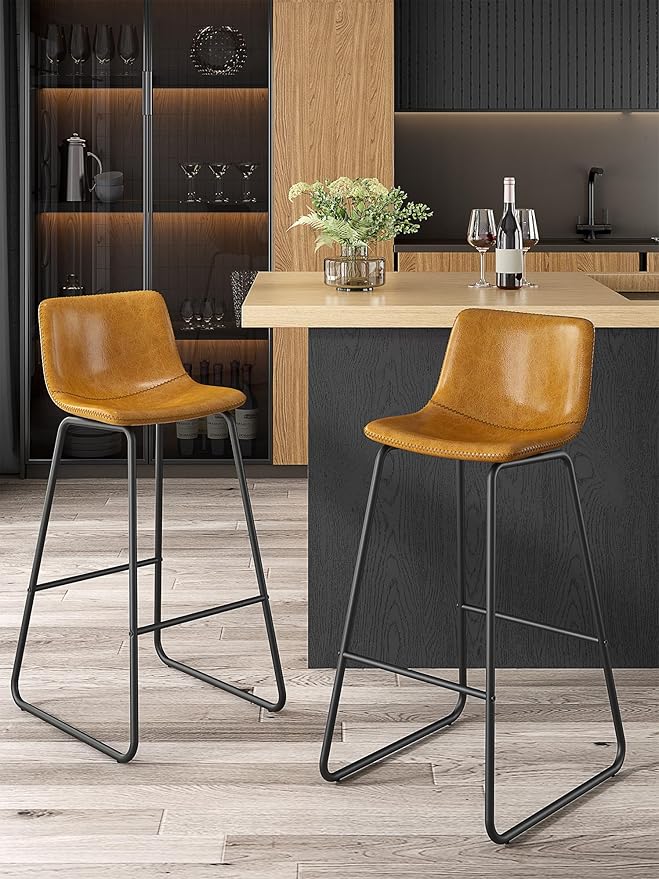 Bar Stools Set of 4, 30 Inches Counter Height Bar Stools with Back, Modern Faux Leather Barstools with Metal Legs and Footrest, Bar Chairs for Kitchens Island (Whiskey Brown)
