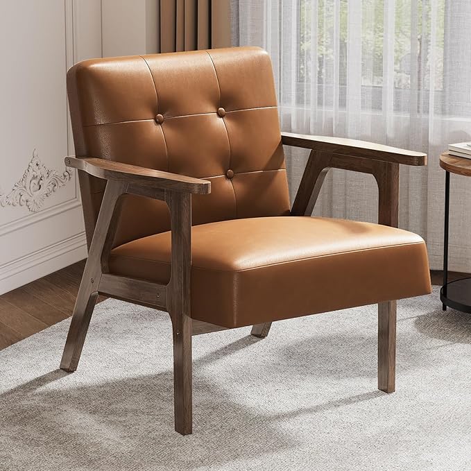 Casaottima PU Leather Accent Chair Mid Century Comfy Cozy Chair with Solid Wood Legs,Modern Arm Reading Chair with Button Tufted Back for Living Room Bedroom (Dark Brown)