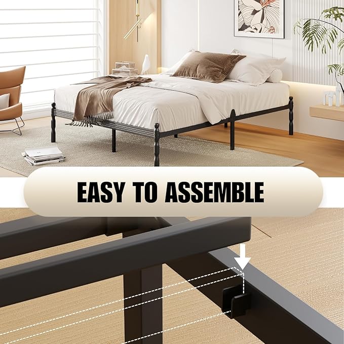 14 Inch Queen Size Bed Frame with 2 Pcs Mattress Slide Stopper, Queen Platform Bed Frame Metal, No Box Spring Needed, Easy Assembly, Heavy Duty, Noise Free, Non-Slip