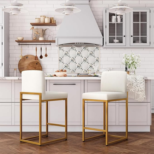 ALPHA HOME 24 Inch Bar Stools Set of 2 Kitchen Counter Stools with Back Pu Leather Counter Chair Counter Height Bar Stools with Upholstered Footrest Sturdy Chromed Metal Steel Frame, White