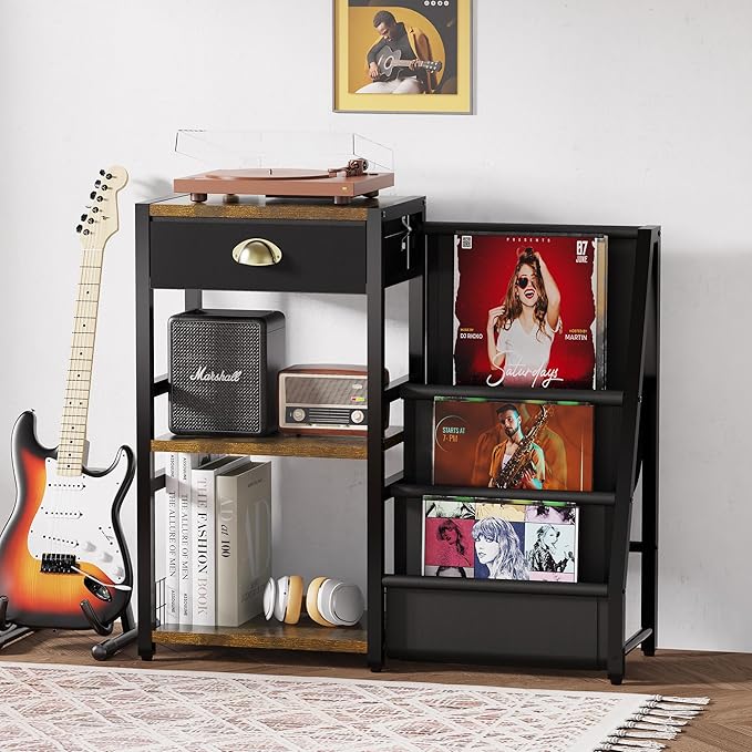 End Table with Vinyl Record Storage,Record Player Stand,3 Tier Turntable Stand with Records Holder,Stand Table for Media Stereo Speaker,Amplifiers,Magazines-Vintage
