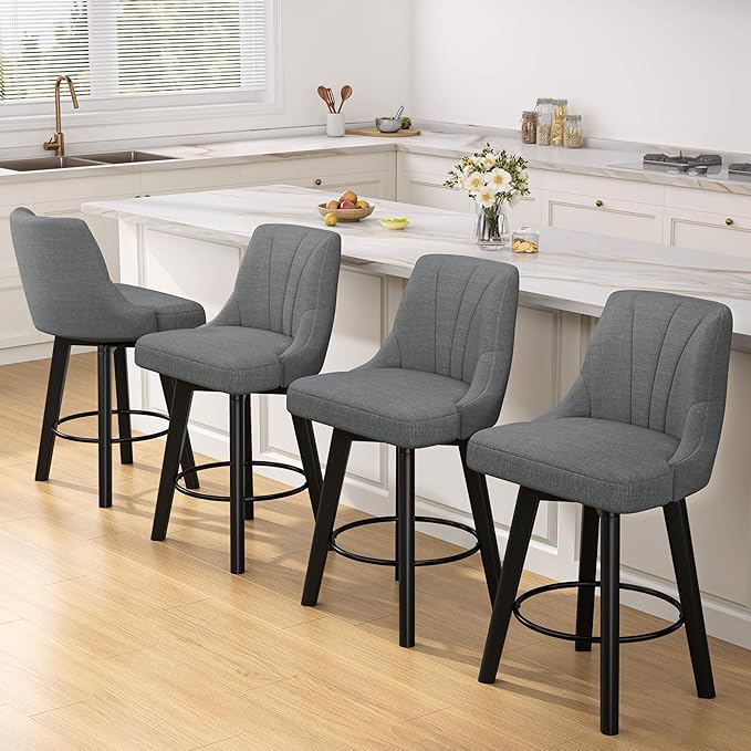Counter Height Swivel Bar Stool, 24" Upholstered Fabric Barstools Set of 4, Counter Stool Chair with Back & Solid Wood Legs for Kitchen Island Dining Room (Dark Gray)