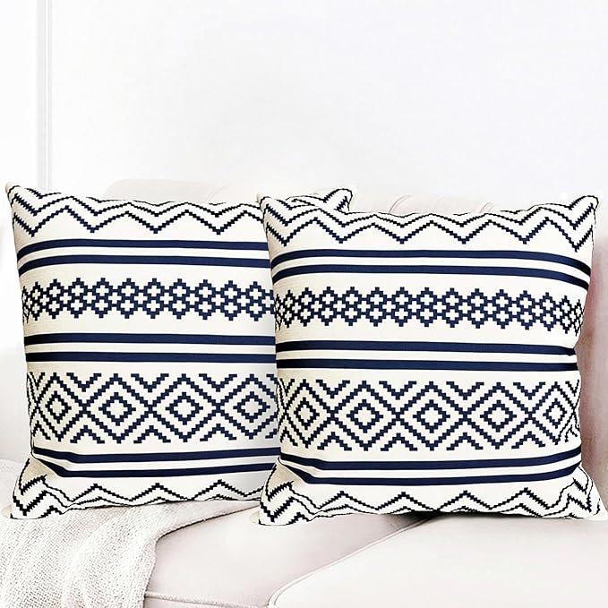 Decorative Throw Pillow Covers Set of 2 Blue Boho Pillow Covers 16x16 Inch Throw Pillow Cover Linen Pillowcase Modern Farmhouse Outdoor Pillow Covers for Couch Sofa Bed Living Room
