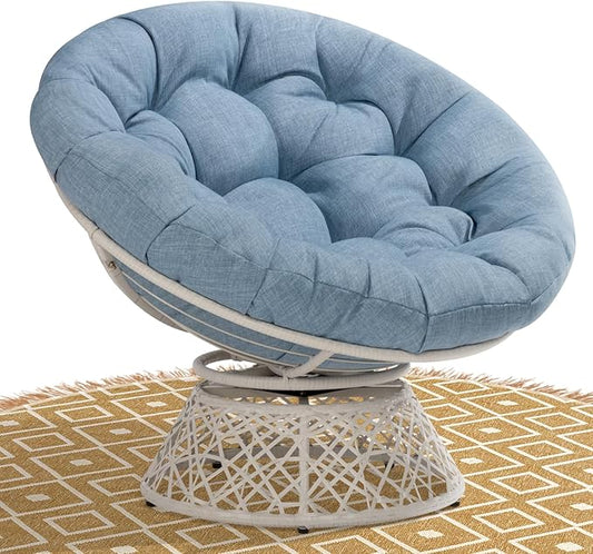 Bme 40" Ergonomic Wicker Papasan Chair with Soft Thick Density Fabric Cushion, High Capacity Steel Frame, 360 Degree Swivel for Living, Bedroom, Reading Room, Lounge, Serene Oasis - White Base