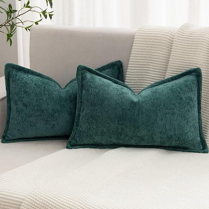 Green Decorative Throw Pillow Covers 12x20 Inch Set of 2 Cozy Soild Chenille Cushion Cases Soft Textured Lumbar Couch Pillows Cover Boho Accent Farmhouse Pillowcases for Sofa Bed
