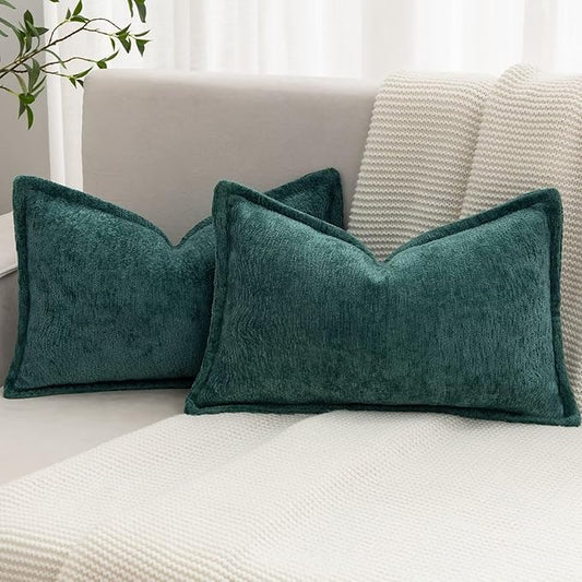 Green Decorative Throw Pillow Covers 12x20 Inch Set of 2 Cozy Soild Chenille Cushion Cases Soft Textured Lumbar Couch Pillows Cover Boho Accent Farmhouse Pillowcases for Sofa Bed